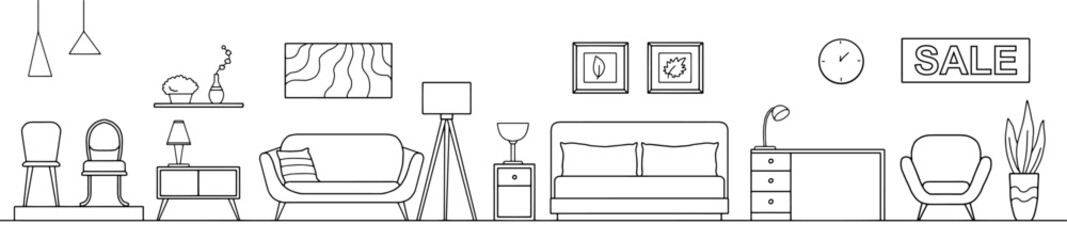 Furniture store interior shop graphic black white interior long sketch illustration vector 