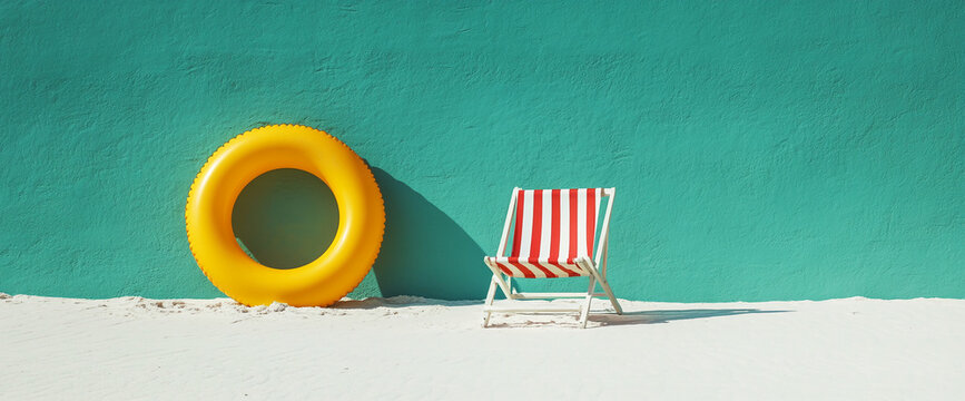 Yellow inflatable ring and striped beach chair on white sand against teal wall, showcasing summer vacation, relaxation, and leisure, ideal for travel or holiday concepts