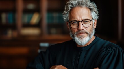 This image captures a thoughtful middle-aged judge in robes, gazing intently as he contemplates the weight of legal decisions in a serene courtroom atmosphere.