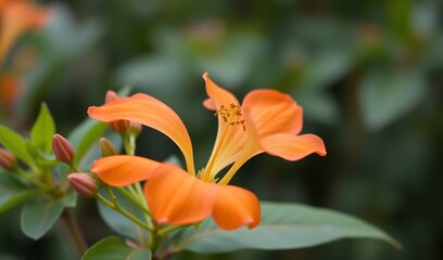 Obraz premium Vibrant orange flower blossoms gently sway in soft natural light. AI Generated