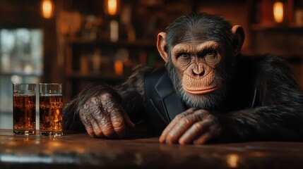 An engaging chimpanzee wearing a vest sits relaxed at a bar, with two glasses in front, capturing a whimsical atmosphere that blends humor with a touch of seriousness.