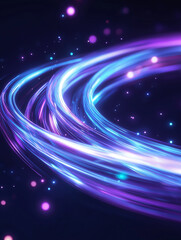 Obraz premium Curving neon light beams in cyan and purple flow through space, creating motion. Central glow with soft bokeh on a dark backdrop. High-resolution with light flares.