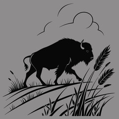 a bison charging through the prairie silhouette vector design art and illustration