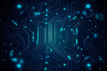 Abstract close-up of a glowing blue digital circuit board, showcasing intricate connections and technological design on a black background.
