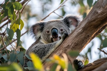 Obraz premium A koala lounging in the branches of an eucalyptus tree