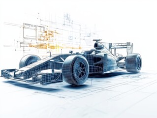 A detailed wireframe illustration of a Formula 1 race car, showcasing its design and engineering elements in a technical drawing style.