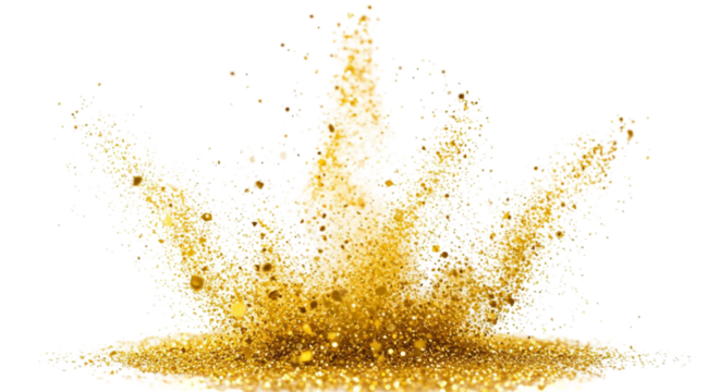 Captured in mid-air, a shower of gold dust settles, creating a textured pile of sparkling treasure transparent background 