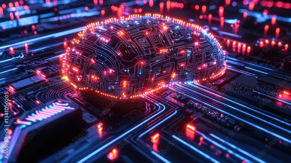 Poster artificial intelligence circuit and brain science concept. futuristic digital brain on a circuit boa
