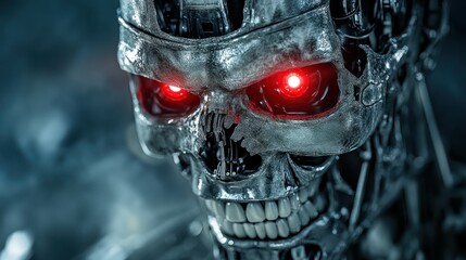 Cybernetic Skull: A Glaring Red-Eyed Terminator Close-Up
