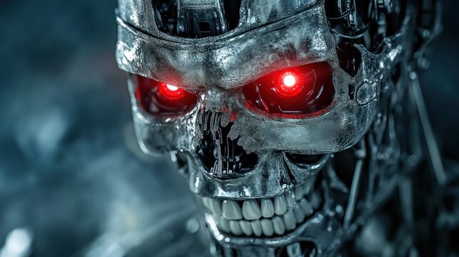 Cybernetic Skull: A Glaring Red-Eyed Terminator Close-Up