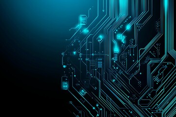 Abstract close-up of a glowing blue digital circuit board, showcasing intricate connections and technological design on a black background.
