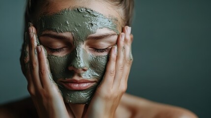 Fototapeta premium A serene moment captured with a woman applying a green face mask, emphasizing the importance of wellness and self-care in achieving glowing and beautiful skin.