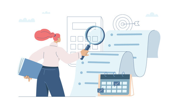 Concept of investment data analysis and document review, Financial auditing and systems concepts, Businesswoman holding magnifying glass looking data in document, Flat vector illustration.
