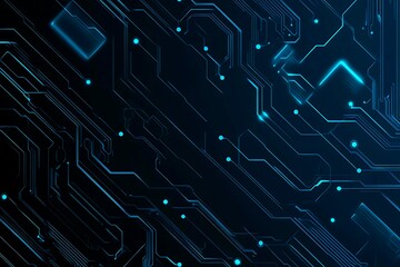 Fototapeta premium Abstract close-up of a glowing blue digital circuit board, showcasing intricate connections and technological design on a black background. 