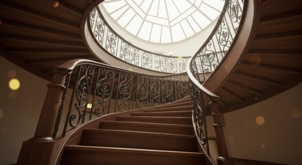 Fototapeta premium Ascending Wooden Staircase with Ornate Railing and Skylight Dome