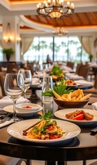 Elegant restaurant scene warm lighting showcases delicious food beautifully arranged. AI Generated