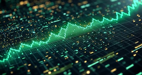 Dynamic abstract data visualization with glowing green waveform chart over a grid of digital circuit elements and bokeh lights - Powered by Adobe