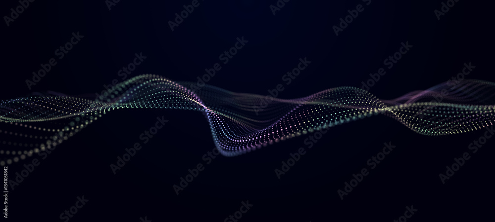 Poster Digital background with musical glowing particles. Big data visualization. 3d rendering. Seamless loop.