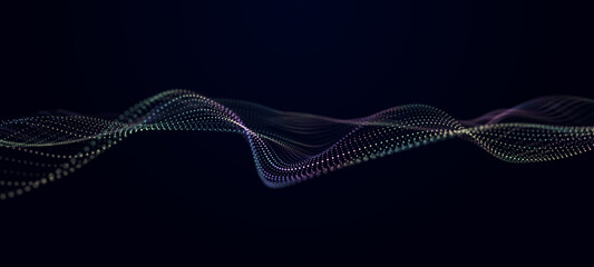 Digital background with musical glowing particles. Big data visualization. 3d rendering. Seamless loop.