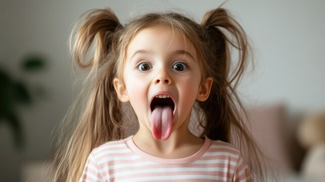 A young girl with playful pigtails expresses her fun-loving spirit by sticking her tongue out, capturing the essence of joy and exuberance in childhood.