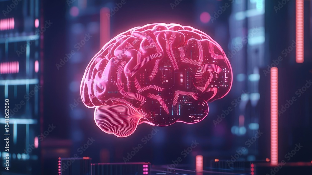 Poster artificial intelligence and future of network science concept. futuristic neon brain illustration wi