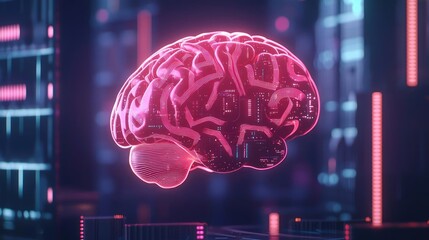 Artificial intelligence and future of network science concept. Futuristic neon brain illustration with digital circuits background.