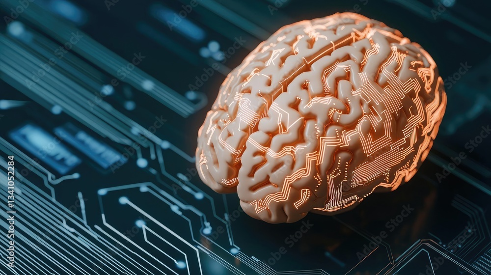 Poster artificial intelligence and future of network science concept. a human brain model on a digital circ