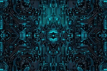 Abstract close-up of a glowing blue digital circuit board, showcasing intricate connections and technological design on a black background.
