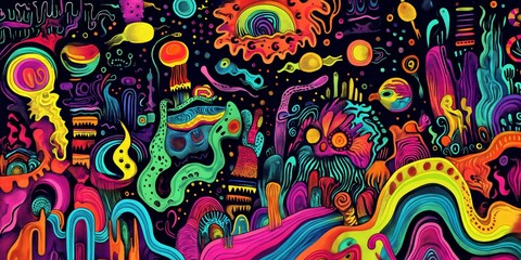 Fototapeta premium Trippy hand-drawn doodle explosion with surreal landscapes, wavy patterns, and neon-colored creatures, high-detail.