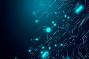 Obraz premium Abstract close-up of a glowing blue digital circuit board, showcasing intricate connections and technological design on a black background. 