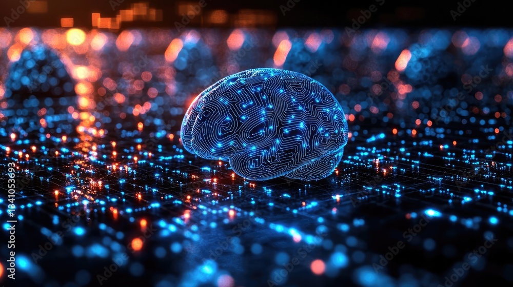 Poster artificial intelligence and future of network science concept. a glowing brain model amidst a vibran