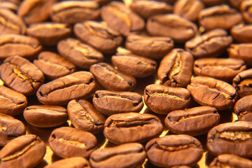 Detailed view of freshly roasted coffee beans with golden undertones, spread on a shiny tray, ideal for gourmet food photography