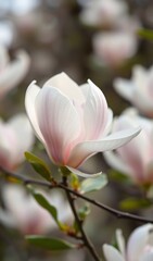 Obraz premium Soft light illuminates delicate pink magnolia blossoms subtly arranged in a shallow depth of field. AI Generated