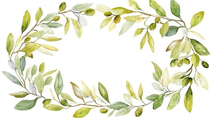 Obraz premium Watercolor olive branch wreath frame, blank background for invitation or card