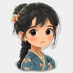A beautiful anime-style girl with large expressive eyes, dark braided hair adorned with flowers, and wearing a traditional floral kimono, depicted in a soft and elegant illustration