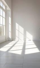 Fototapeta premium Bright sunlight streams through large window illuminating minimalist white room. AI Generated