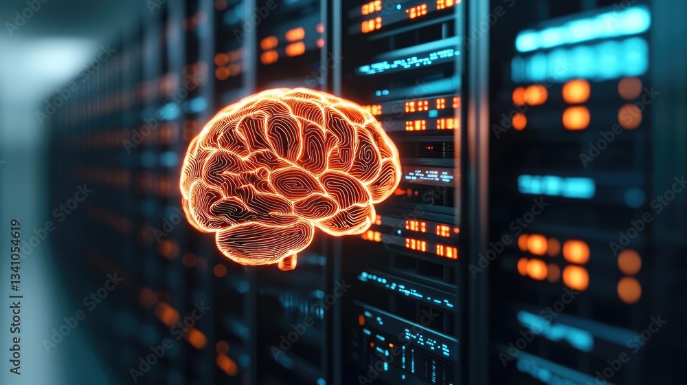 Poster artificial intelligence and future of network science concept. a digital brain concept overlaid on a