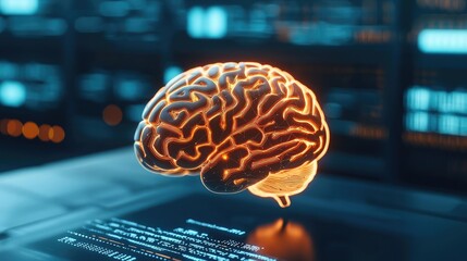 Obraz premium Artificial intelligence and future of network science concept. Conceptual representation of a glowing brain in digital space.