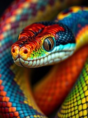 Fototapeta premium Vibrant Rainbow Snake Closeup Striking Pose. AI Generated