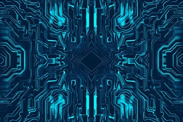 Abstract close-up of a glowing blue digital circuit board, showcasing intricate connections and technological design on a black background.
