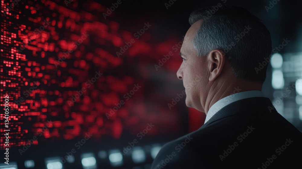 Poster business professional in suit analyzes digital screen filled with red data patterns, suggesting focu