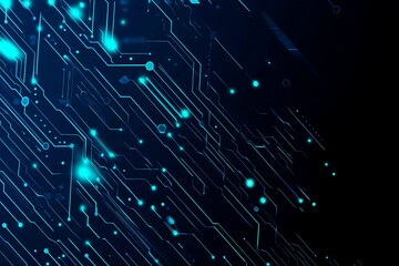 Obraz premium Abstract close-up of a glowing blue digital circuit board, showcasing intricate connections and technological design on a black background. 