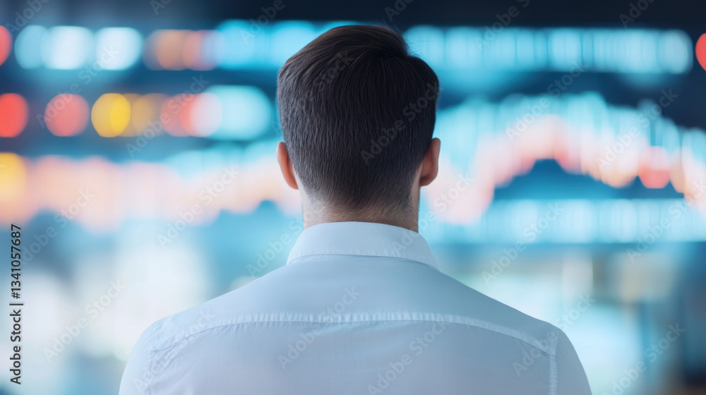 Poster business analyst stands in front of digital screen displaying financial data, focusing on market tre