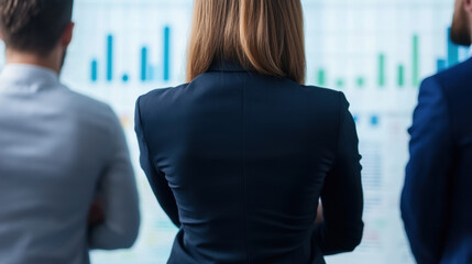 business analyst stands confidently in front of transparent digital screen displaying various graphs and charts, indicating data analysis and teamwork