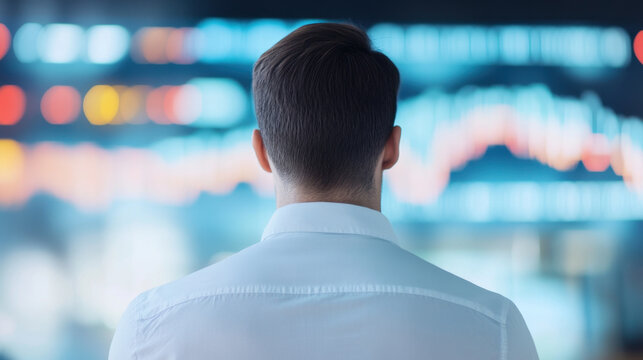 business analyst stands in front of digital screen displaying financial data, focusing on market trends. blurred background suggests dynamic and fast paced environment