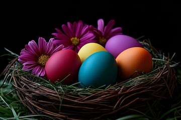 Naklejka premium A nest filled with pastel Easter eggs resting on a soft bed of fresh grass and spring flowers