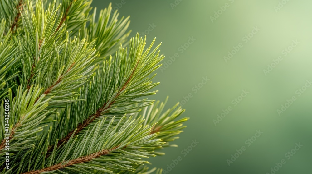 Poster a serene close-up of a textured pine branch, perfectly complemented by a soft, blurred background th