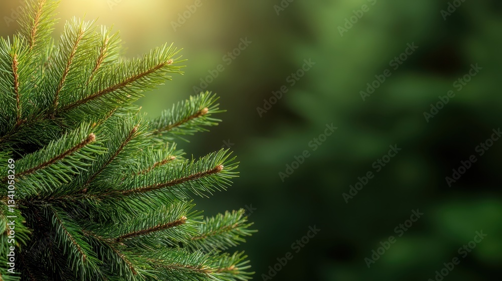Aufkleber a close-up view of a lush pine tree branch illuminated by soft sunlight, creating a warm and invitin