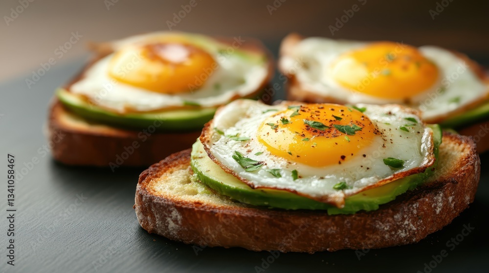 Poster three pieces of toast topped with fried eggs and avocado, beautifully arranged and capturing a charm