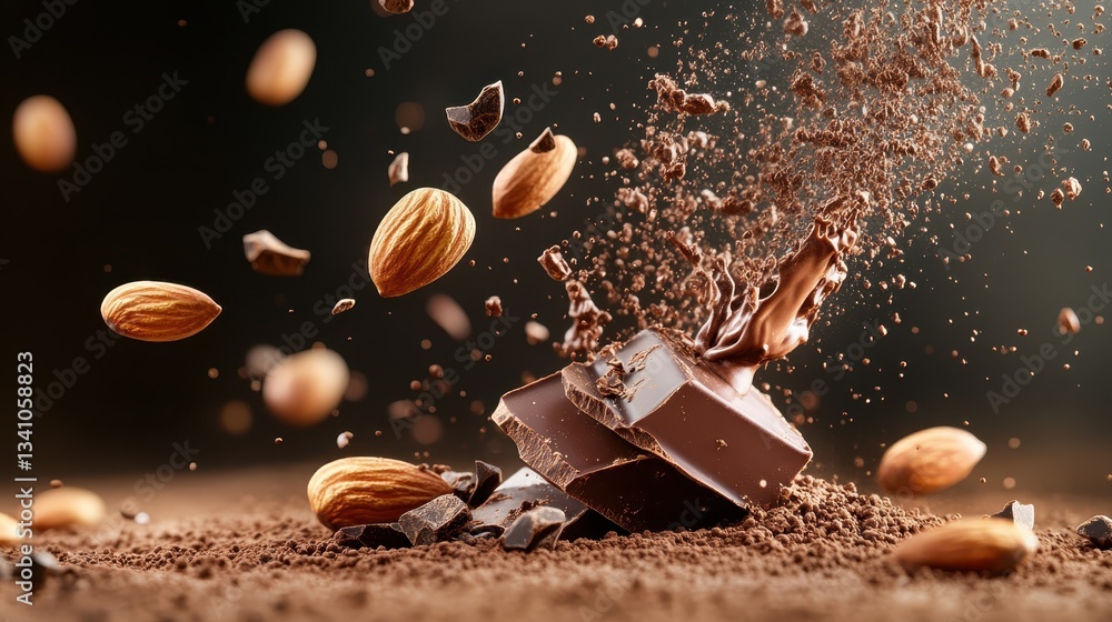 Poster A captivating image of chocolate and almonds surrounded by cocoa dust, capturing the elegance and richness of this indulgent combination in a stunning way.